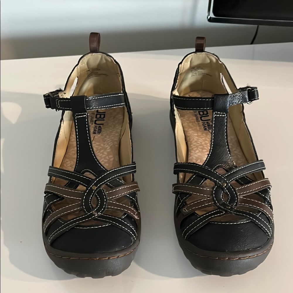 JBU Black and Brown Sandals with Secure Buckle Closure